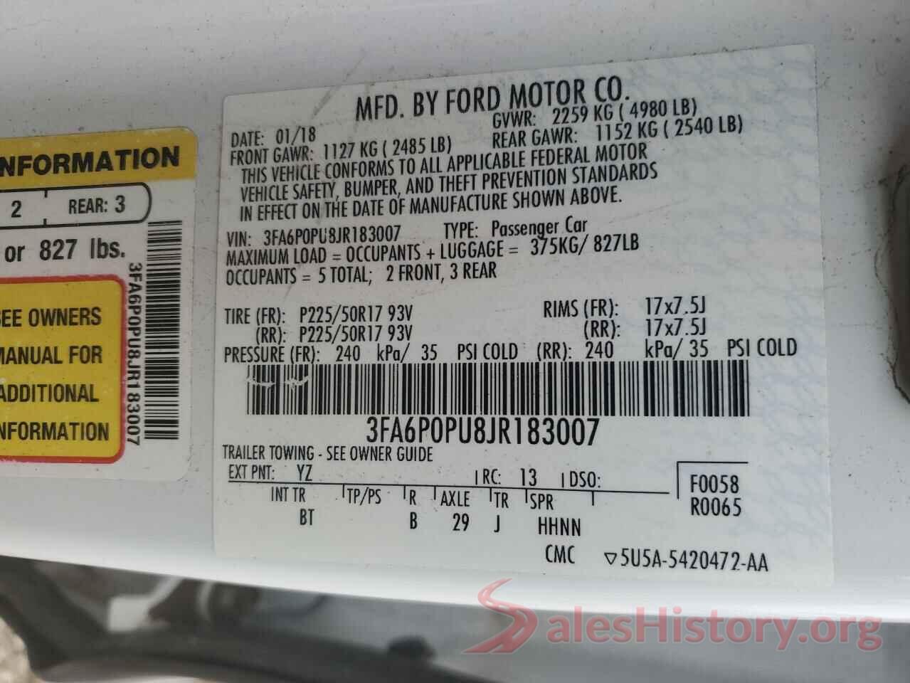 3FA6P0PU8JR183007 2018 FORD FUSION