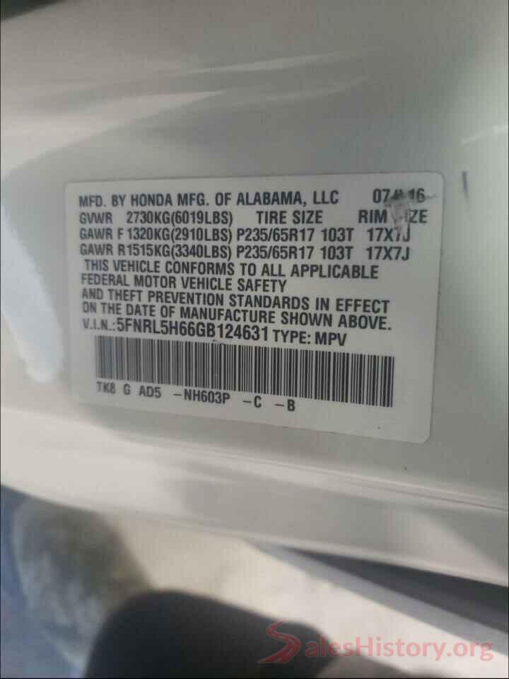 5FNRL5H66GB124631 2016 HONDA ODYSSEY