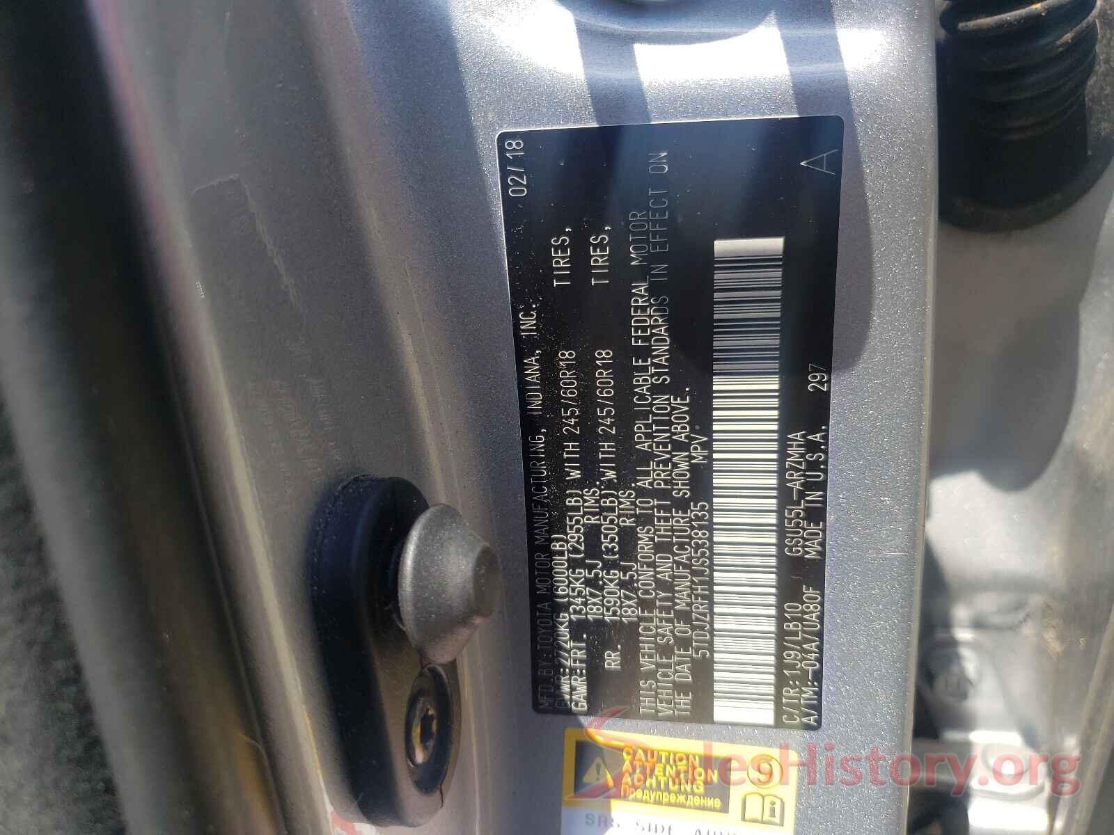 5TDJZRFH1JS538135 2018 TOYOTA HIGHLANDER