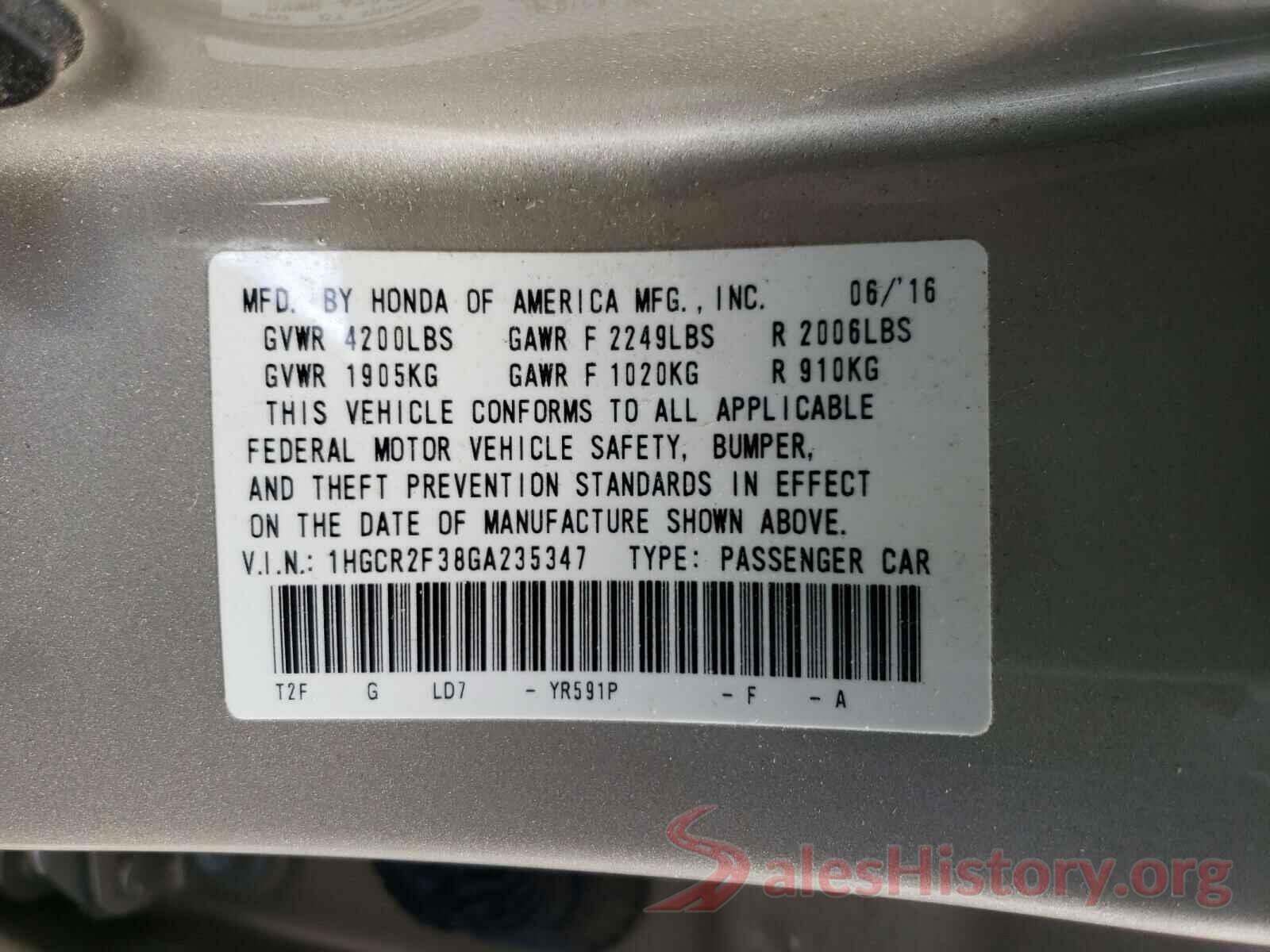 1HGCR2F38GA235347 2016 HONDA ACCORD