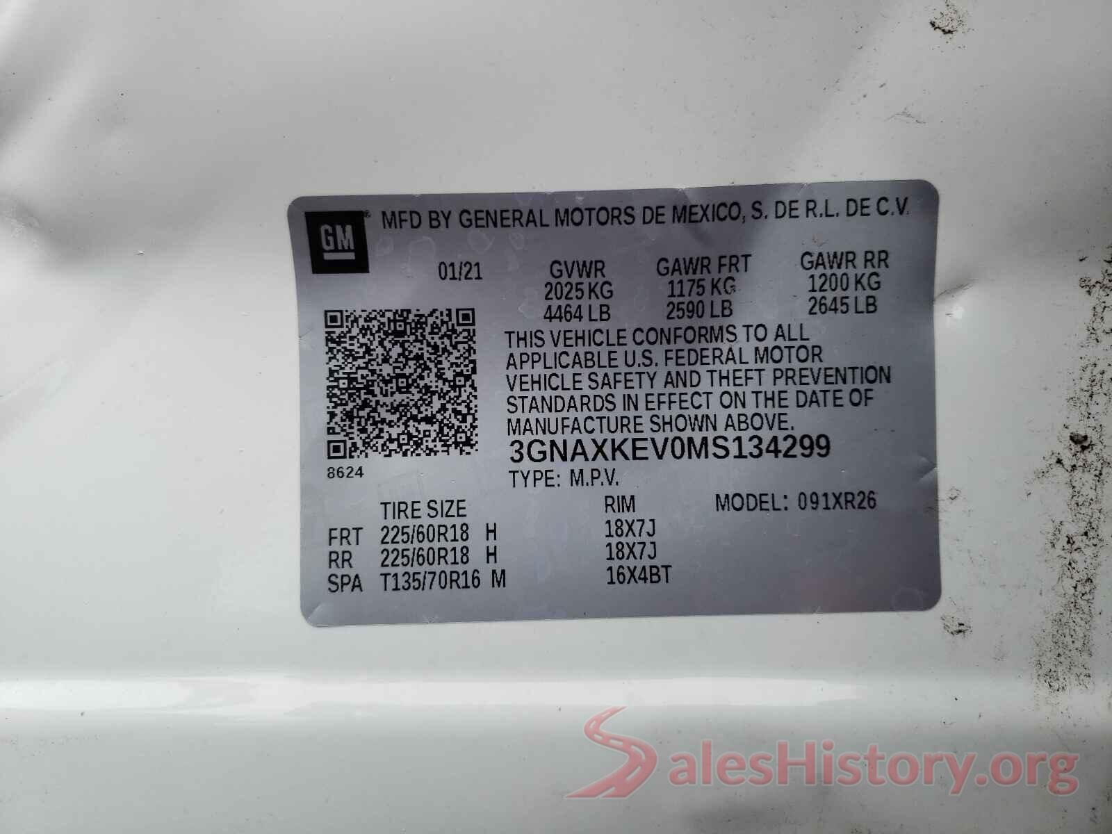 3GNAXKEV0MS134299 2021 CHEVROLET EQUINOX