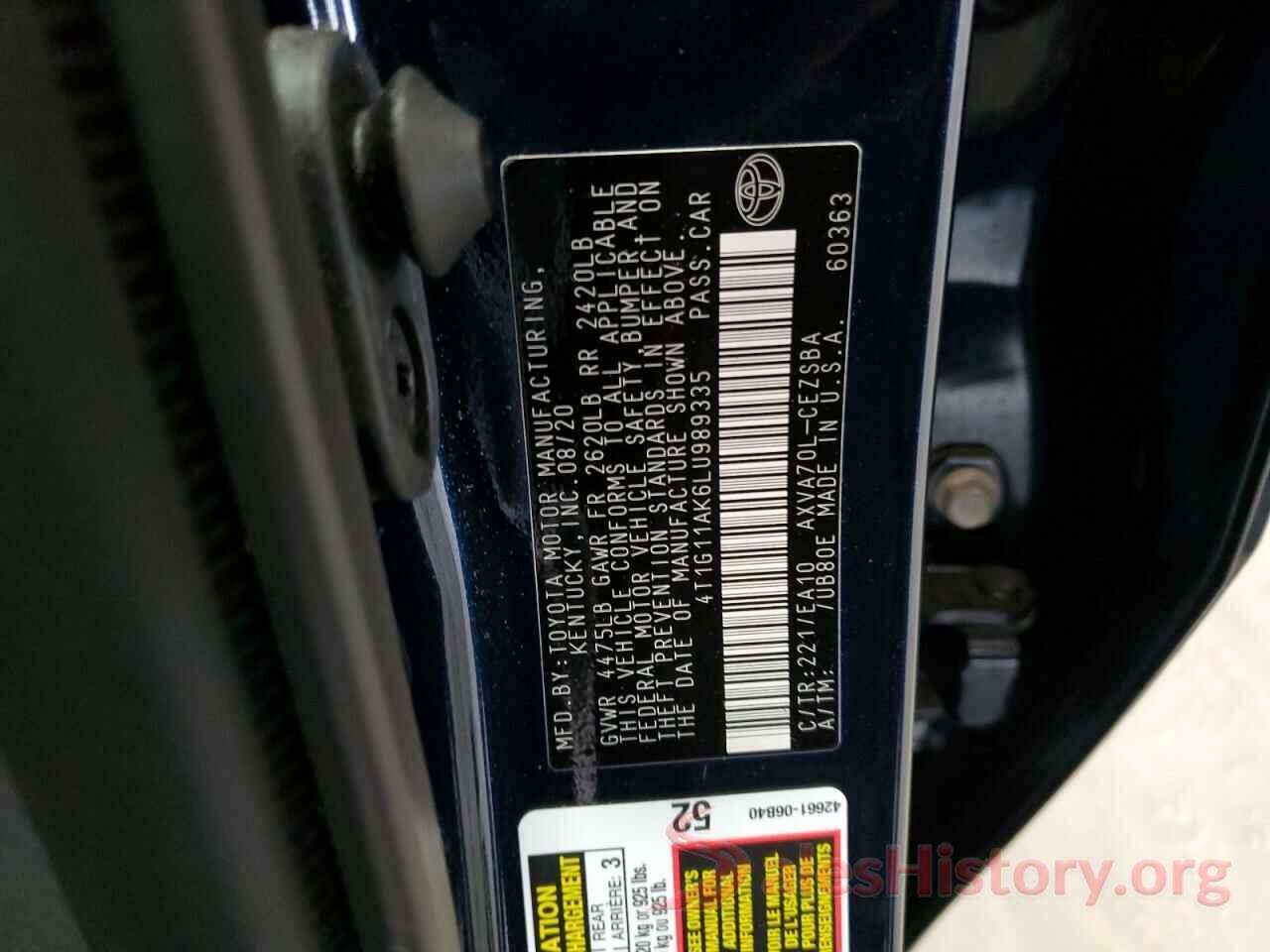 4T1G11AK6LU989335 2020 TOYOTA CAMRY