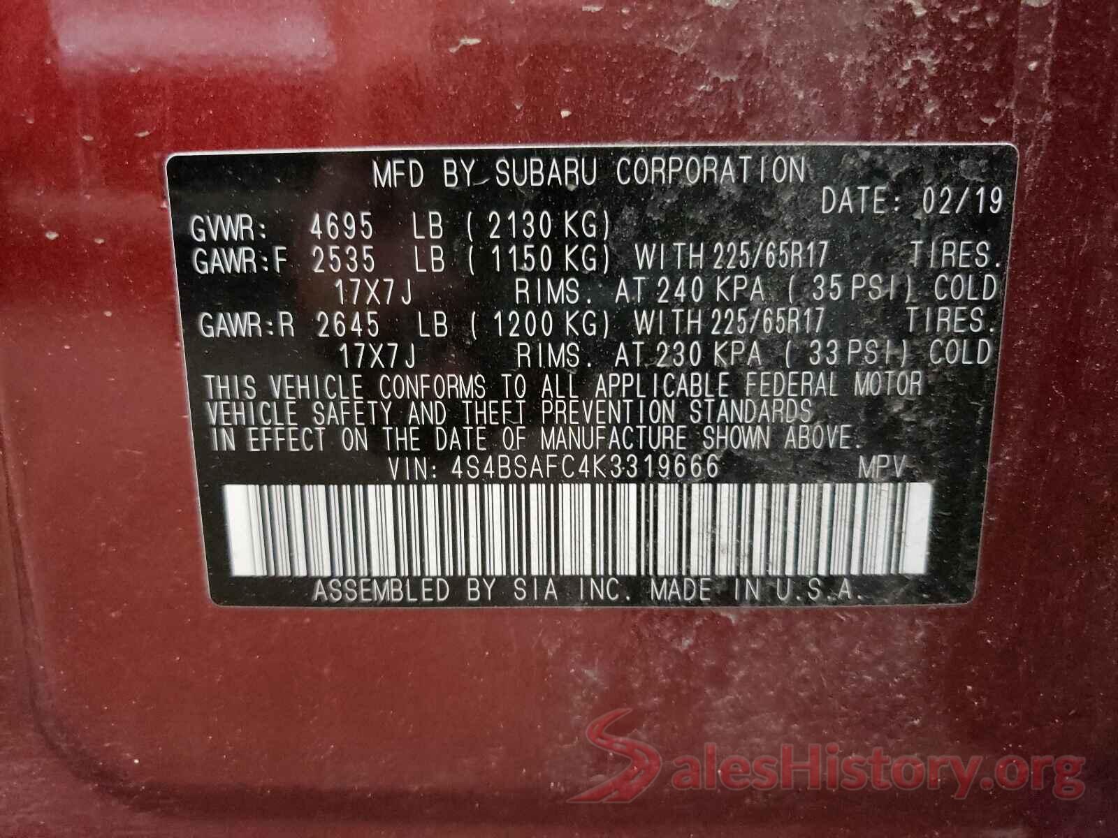 4S4BSAFC4K3319666 2019 SUBARU OUTBACK