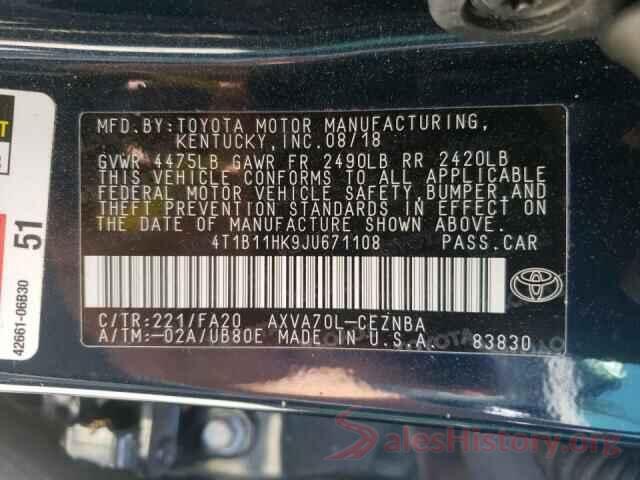 4T1B11HK9JU671108 2018 TOYOTA CAMRY