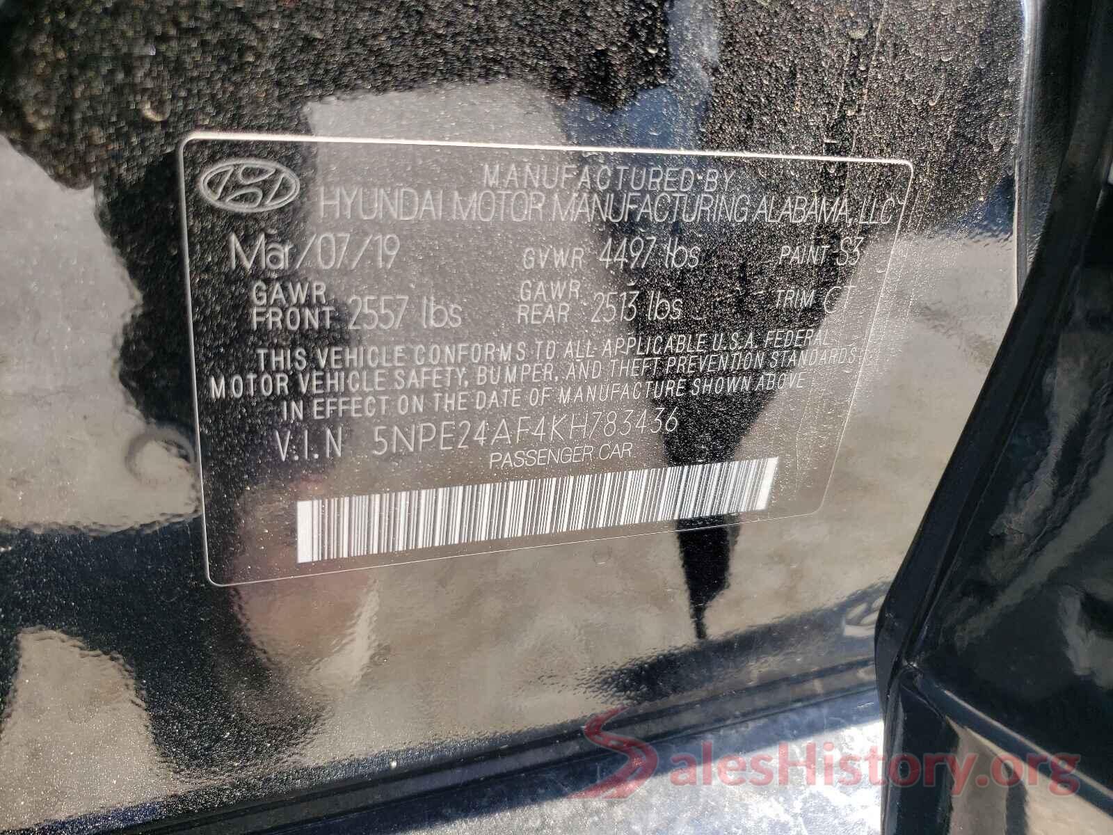 5NPE24AF4KH783436 2019 HYUNDAI SONATA