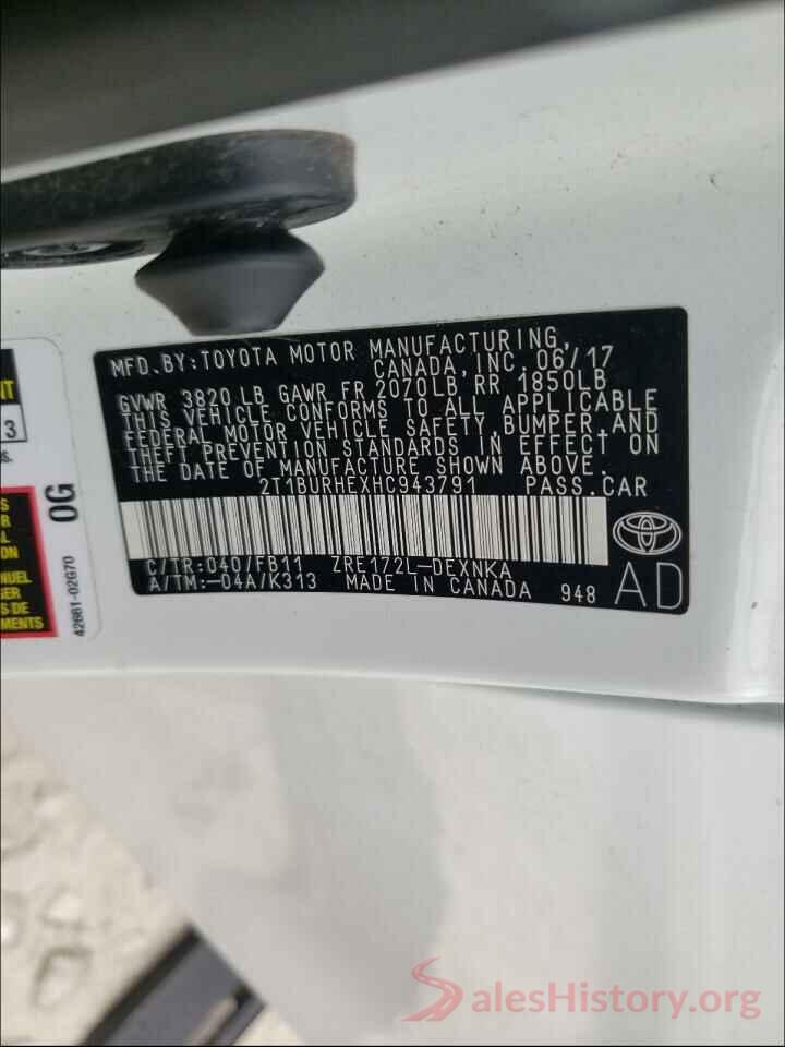 2T1BURHEXHC943791 2017 TOYOTA COROLLA