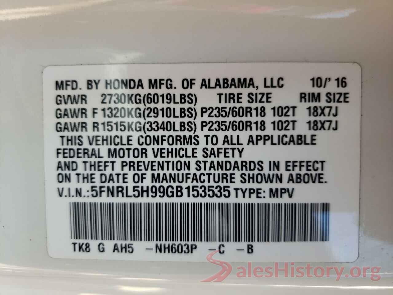 5FNRL5H99GB153535 2016 HONDA ODYSSEY