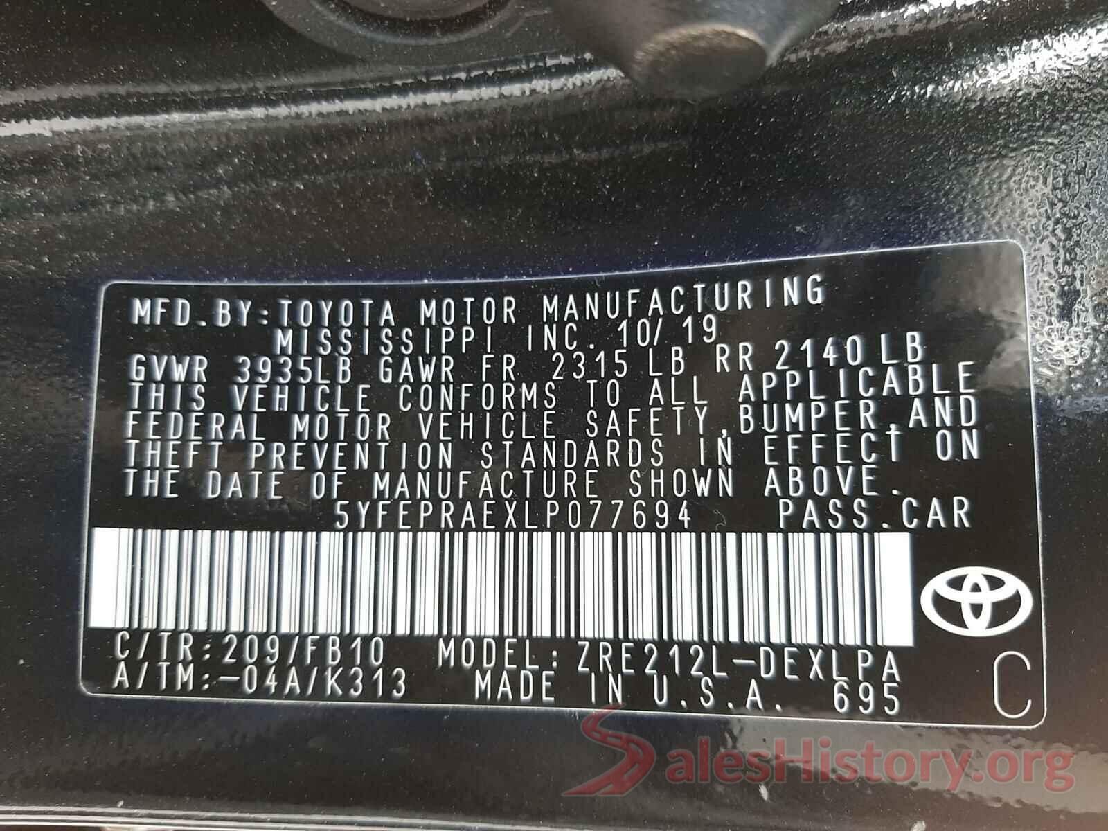 5YFEPRAEXLP077694 2020 TOYOTA COROLLA