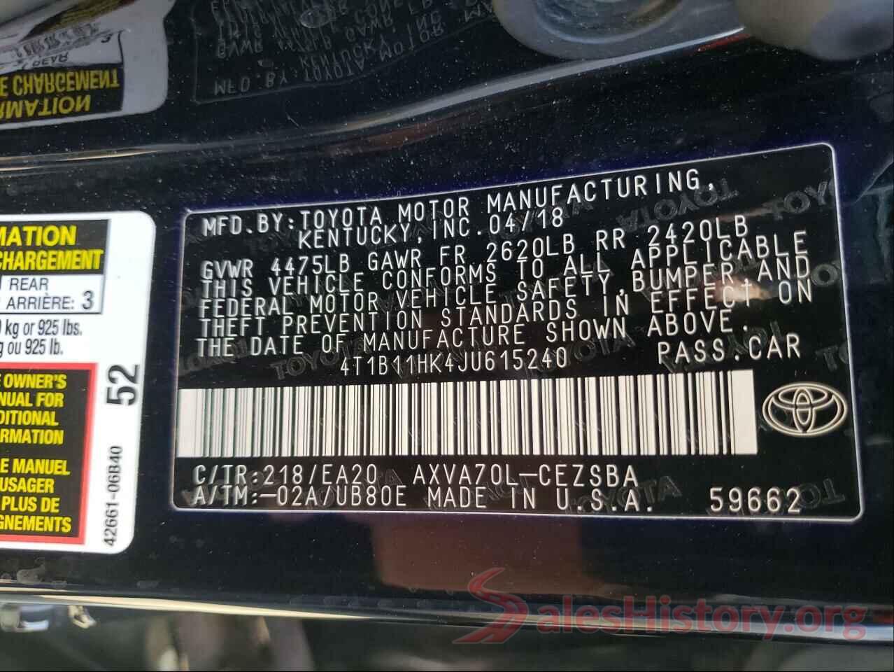 4T1B11HK4JU615240 2018 TOYOTA CAMRY