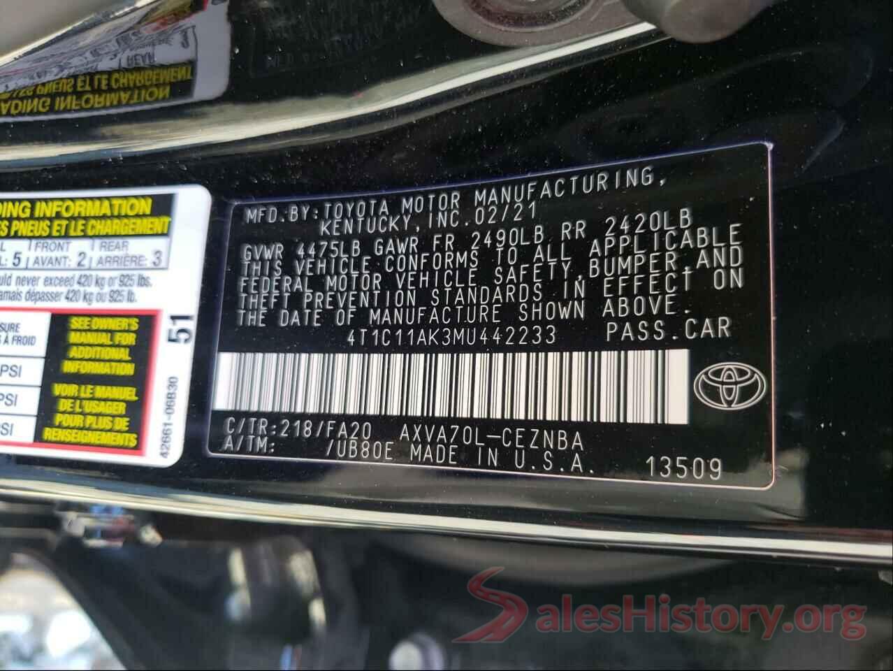 4T1C11AK3MU442233 2021 TOYOTA CAMRY