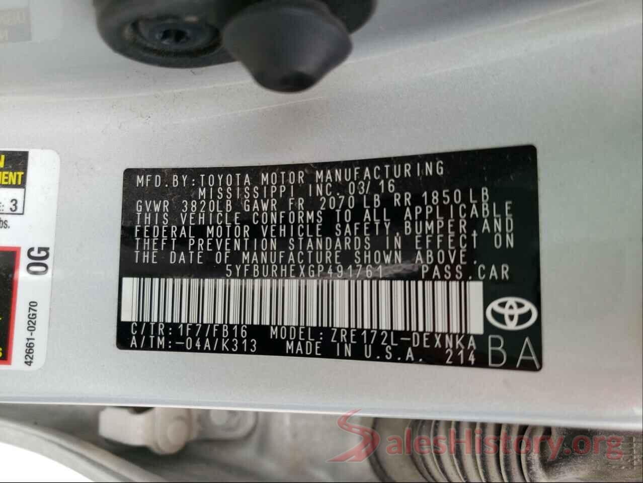 5YFBURHEXGP491761 2016 TOYOTA COROLLA