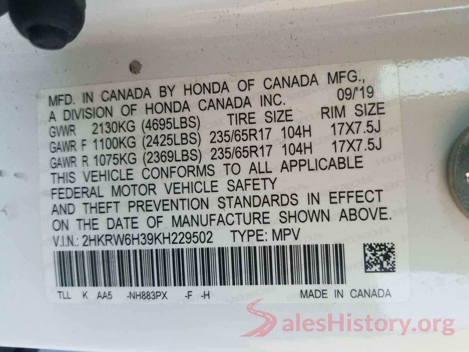 2HKRW6H39KH229502 2019 HONDA CRV