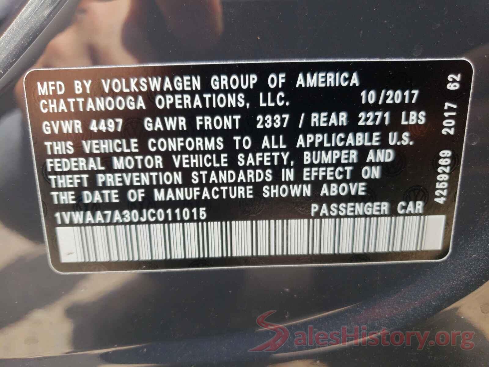 1VWAA7A30JC011015 2018 VOLKSWAGEN PASSAT