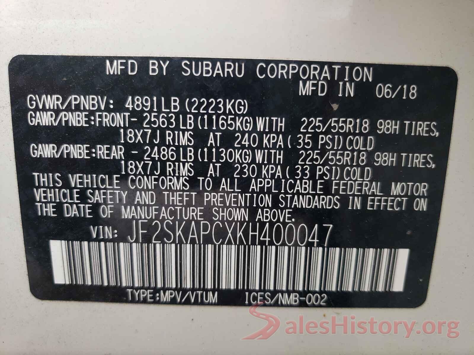 JF2SKAPCXKH400047 2019 SUBARU FORESTER