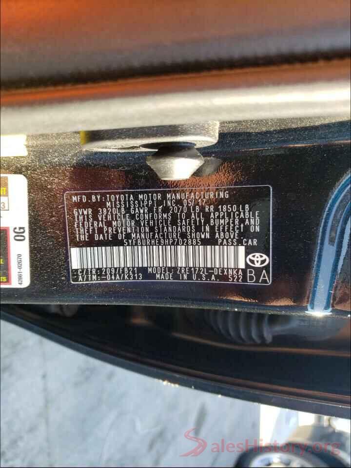 5YFBURHE9HP702885 2017 TOYOTA COROLLA