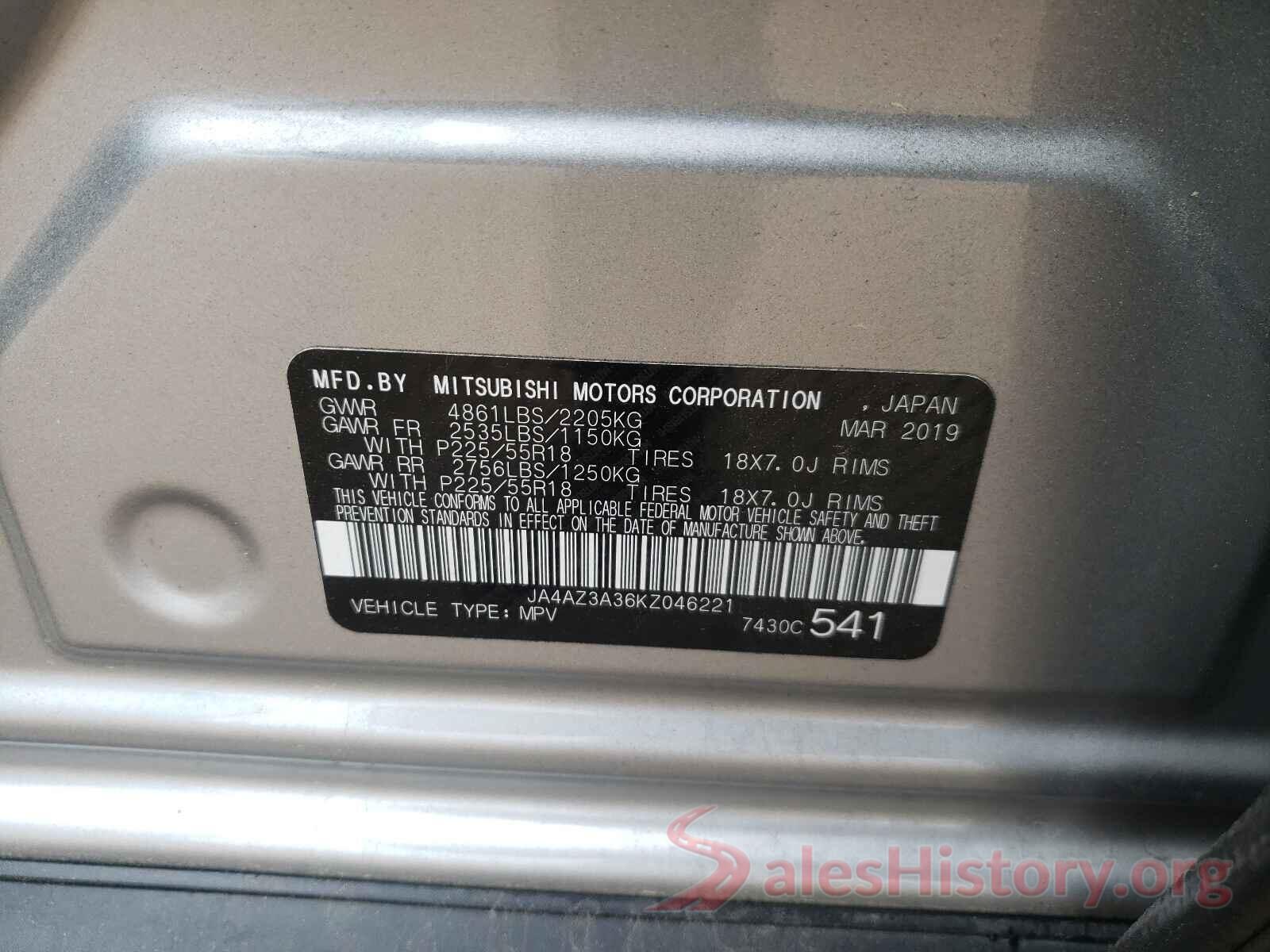 JA4AZ3A36KZ046221 2019 MITSUBISHI OUTLANDER