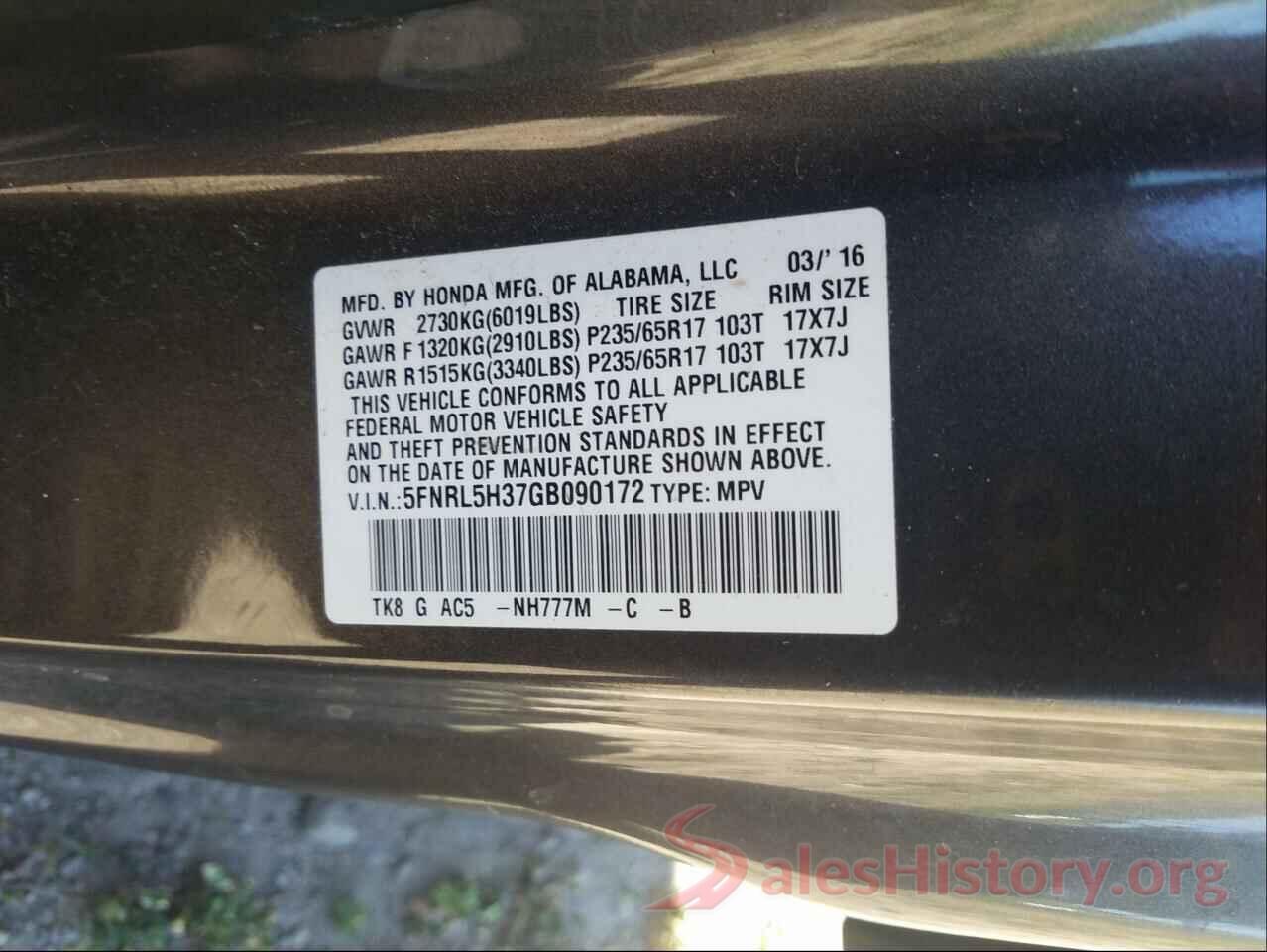 5FNRL5H37GB090172 2016 HONDA ODYSSEY