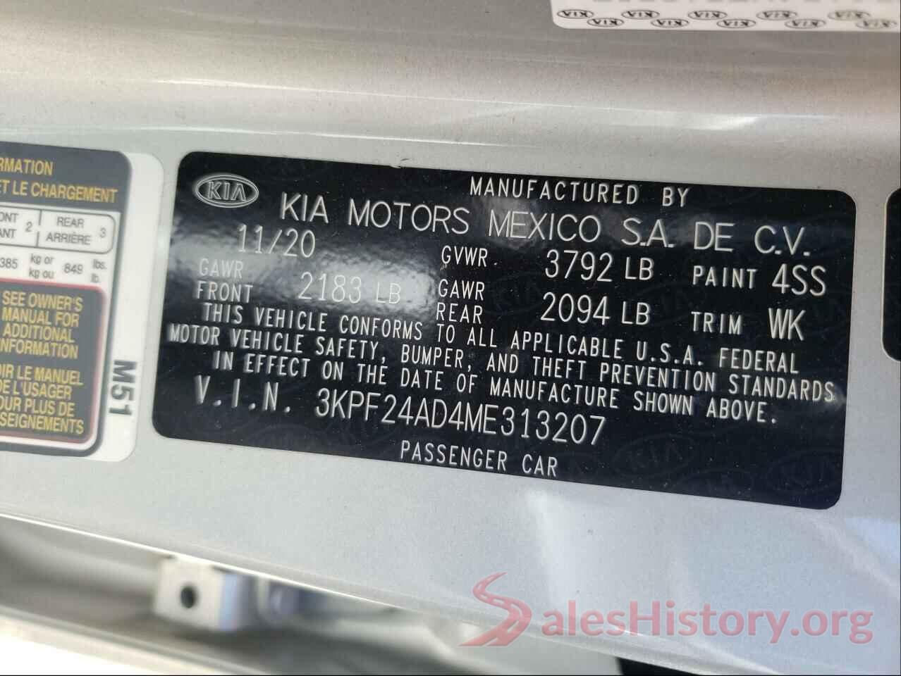 3KPF24AD4ME313207 2021 KIA FORTE