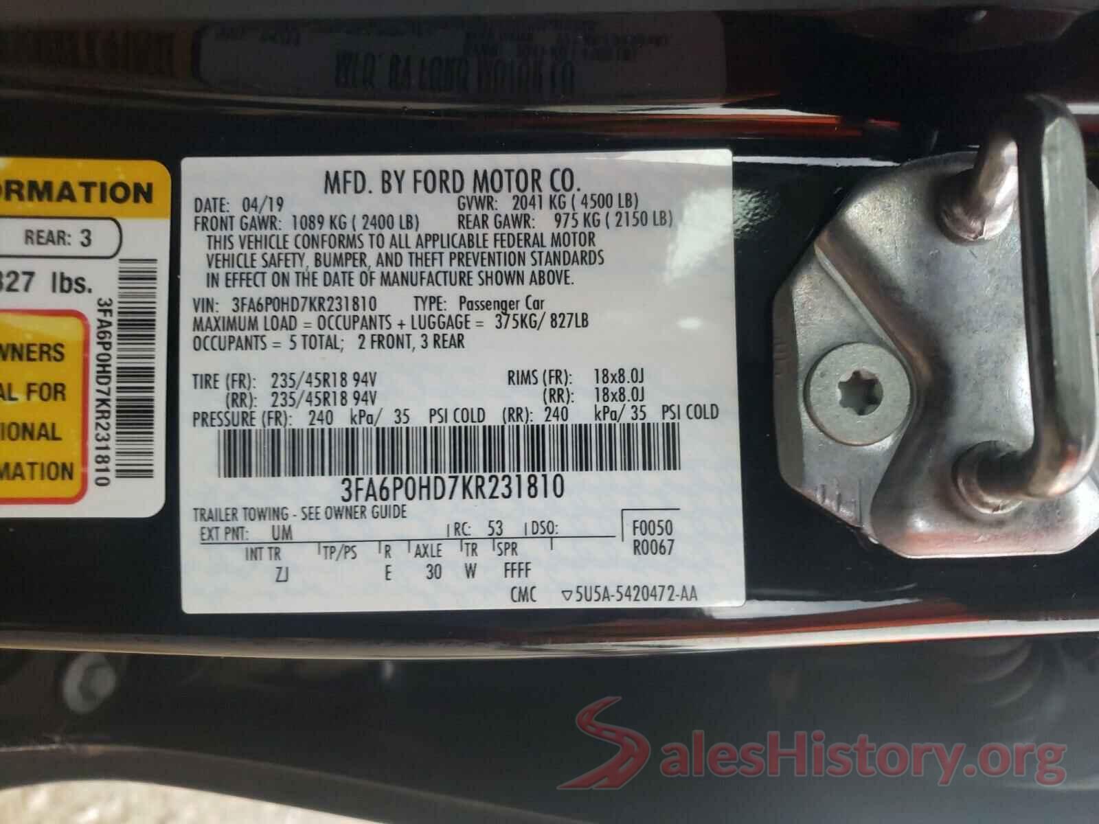 3FA6P0HD7KR231810 2019 FORD FUSION