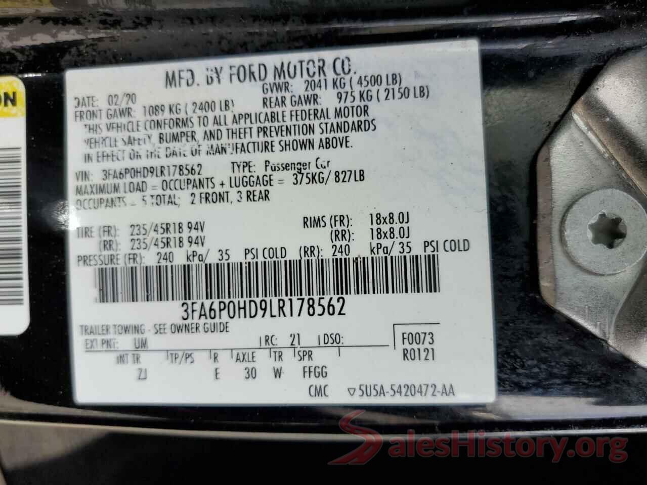 3FA6P0HD9LR178562 2020 FORD FUSION