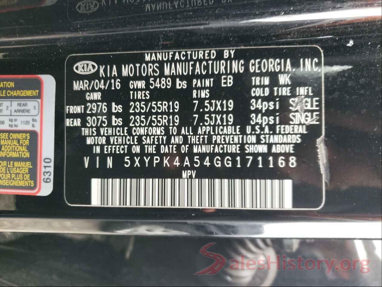 5XYPK4A54GG171168 2016 KIA SORENTO