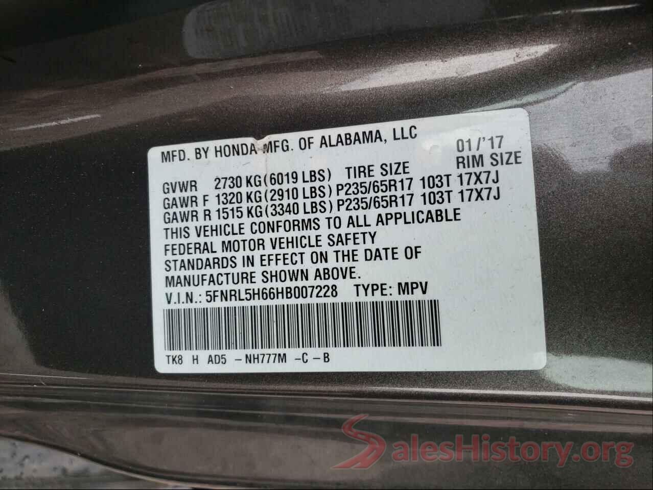 5FNRL5H66HB007228 2017 HONDA ODYSSEY