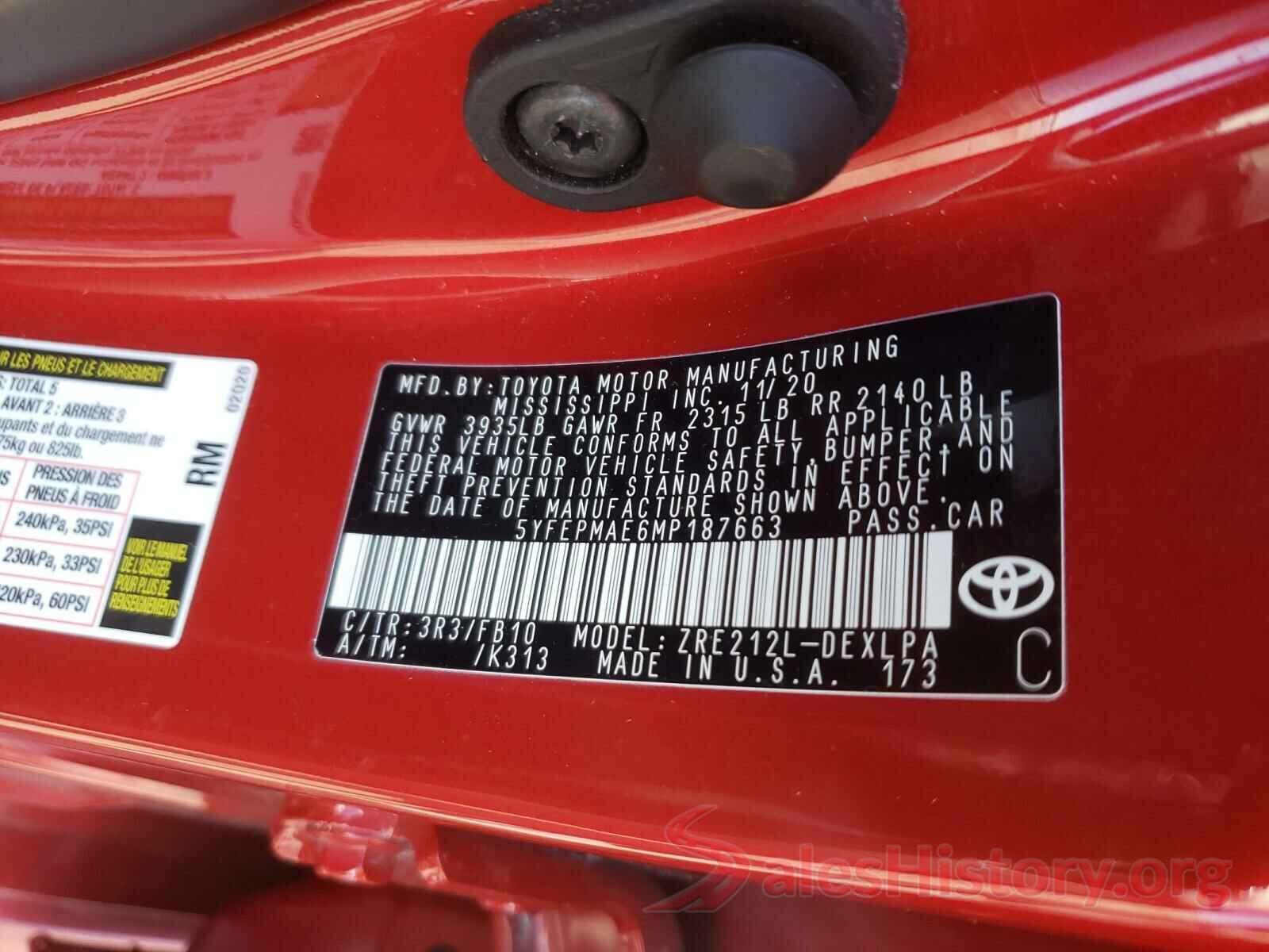 5YFEPMAE6MP187663 2021 TOYOTA COROLLA