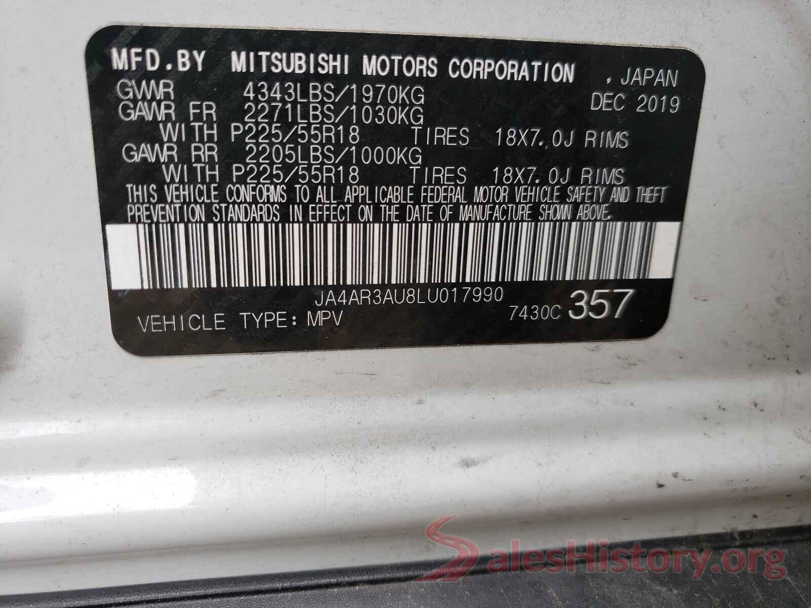 JA4AR3AU8LU017990 2020 MITSUBISHI OUTLANDER