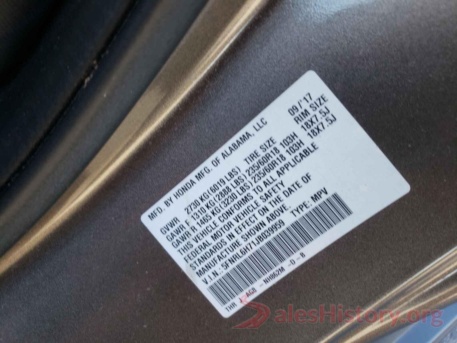 5FNRL6H71JB039959 2018 HONDA ODYSSEY