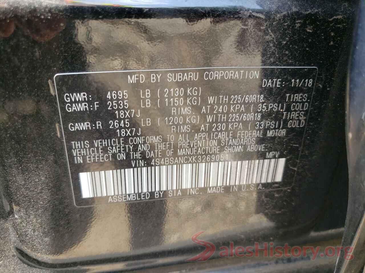 4S4BSANCXK3269051 2019 SUBARU OUTBACK