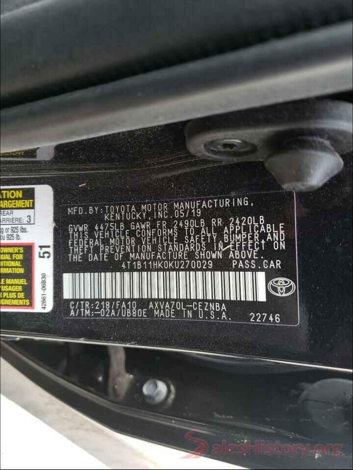 4T1B11HK0KU270029 2019 TOYOTA CAMRY