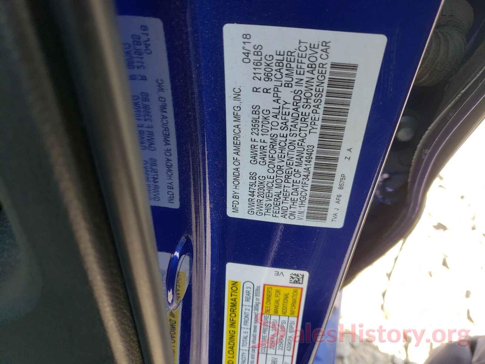 1HGCV1F34JA149403 2018 HONDA ACCORD