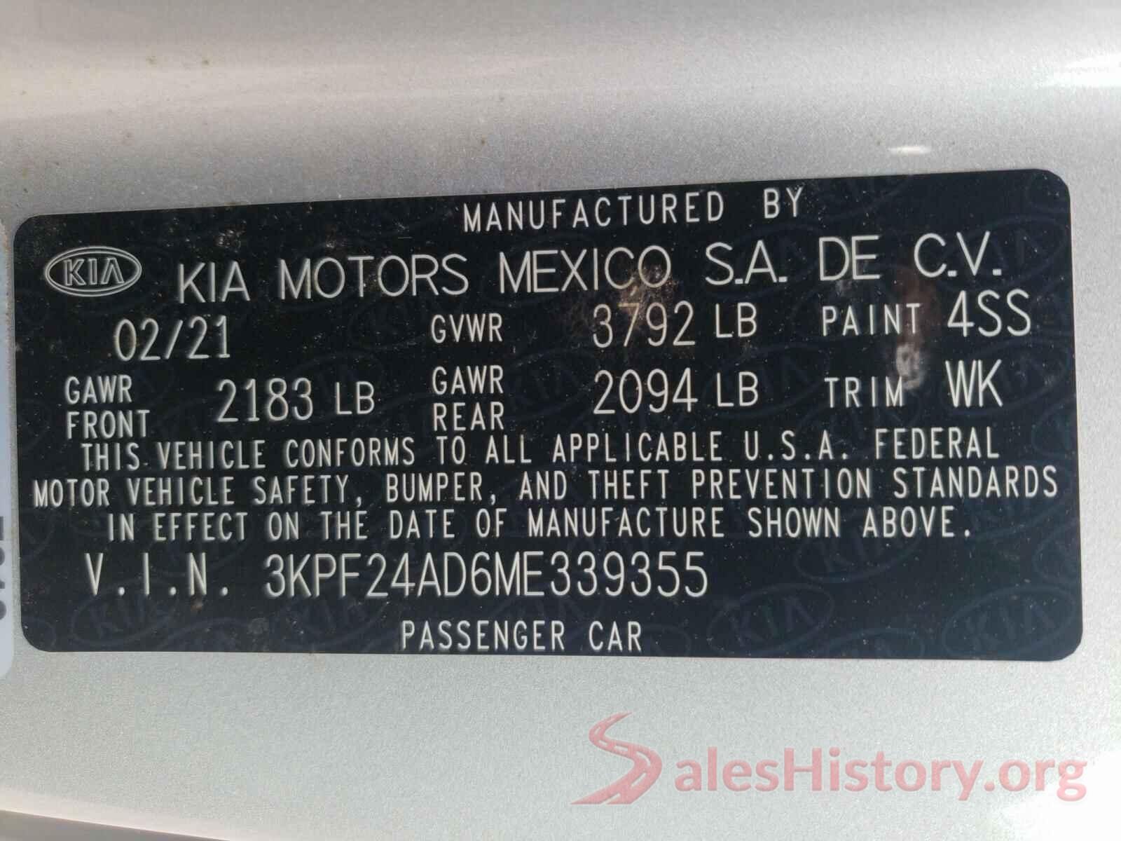 3KPF24AD6ME339355 2021 KIA FORTE