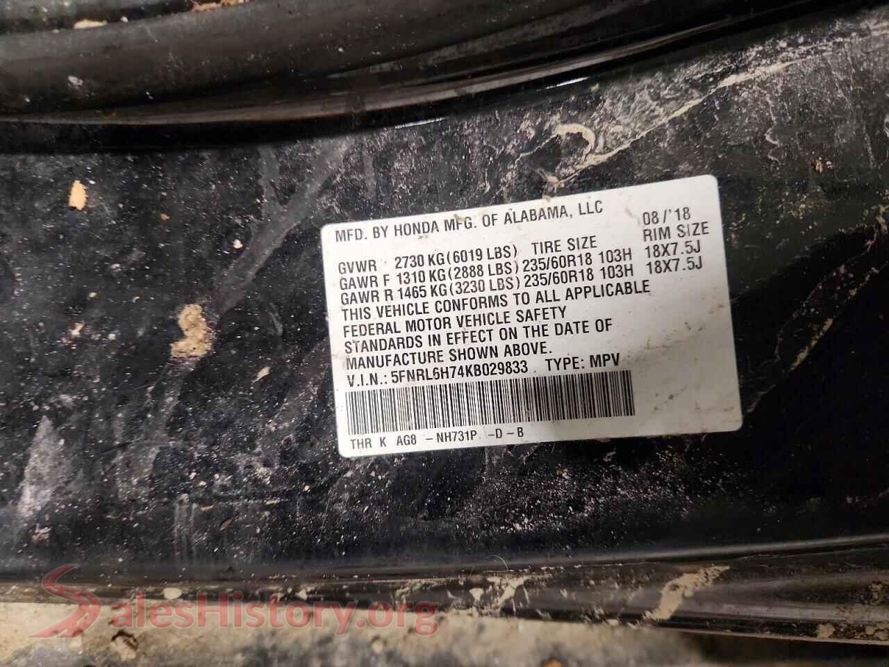 2019 HONDA ODYSSEY VIN 5FNRL6H74KB029833, trunk area