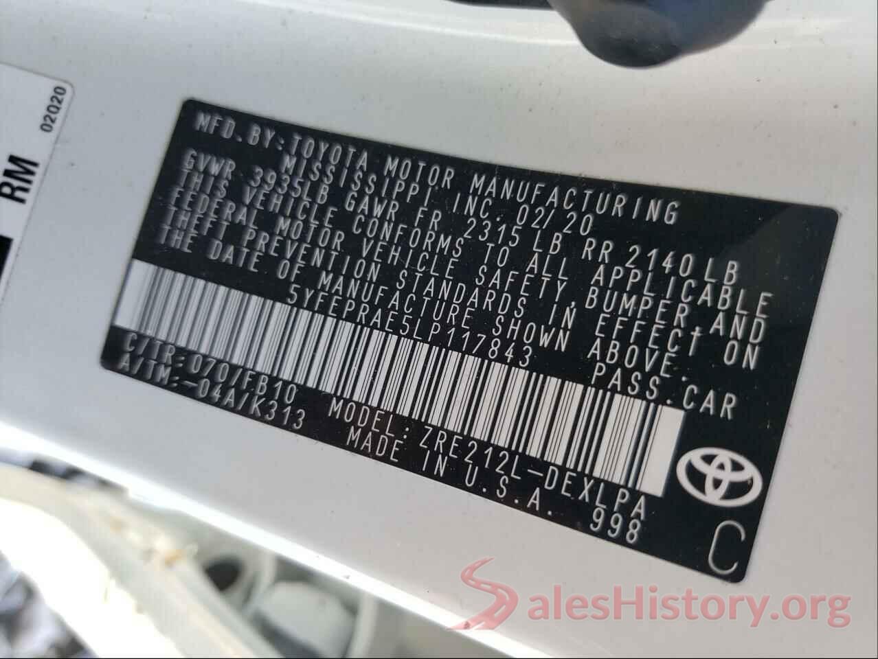 5YFEPRAE5LP117843 2020 TOYOTA COROLLA