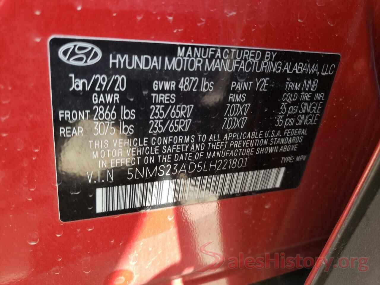 5NMS23AD5LH221801 2020 HYUNDAI SANTA FE