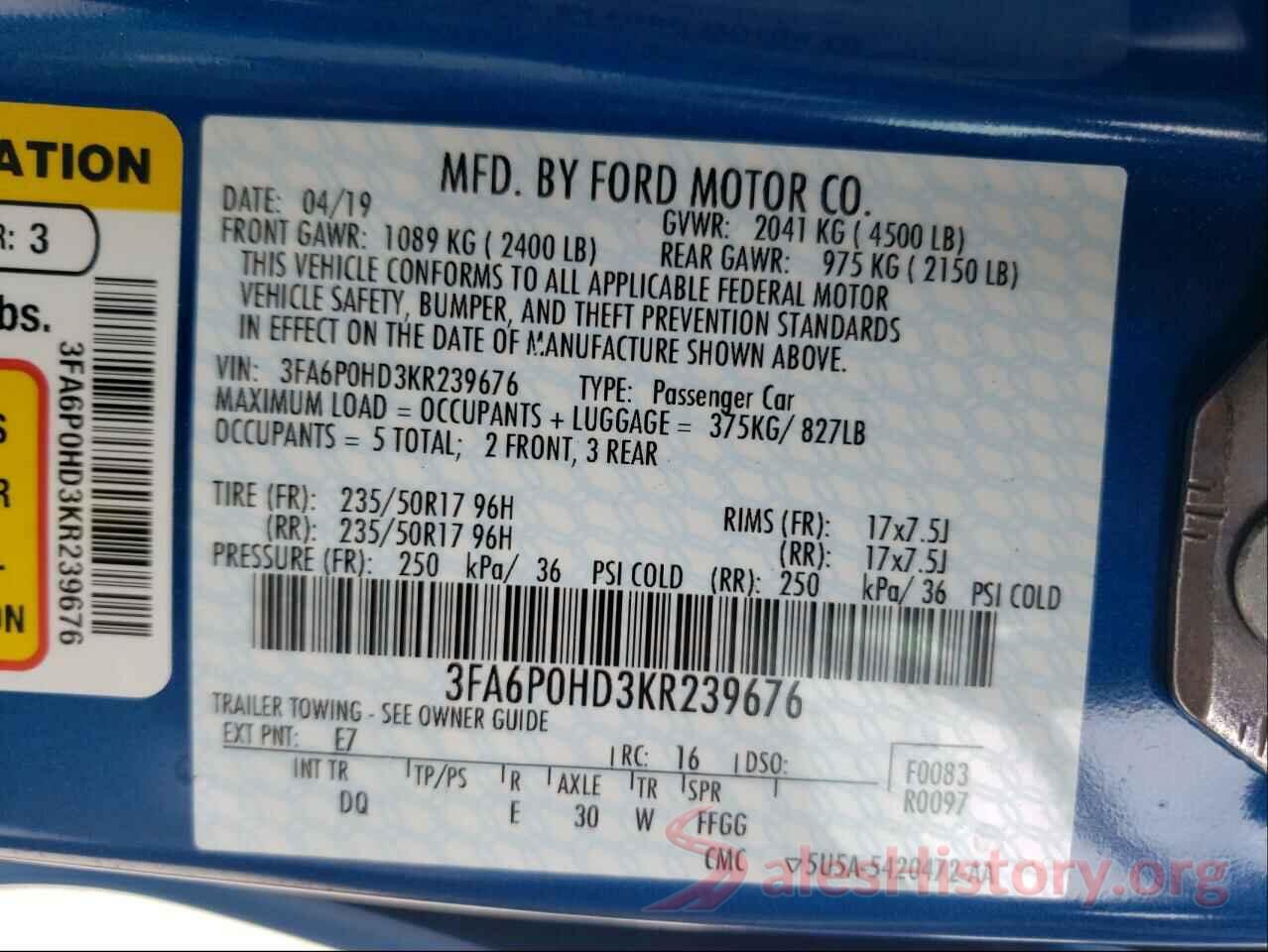 3FA6P0HD3KR239676 2019 FORD FUSION