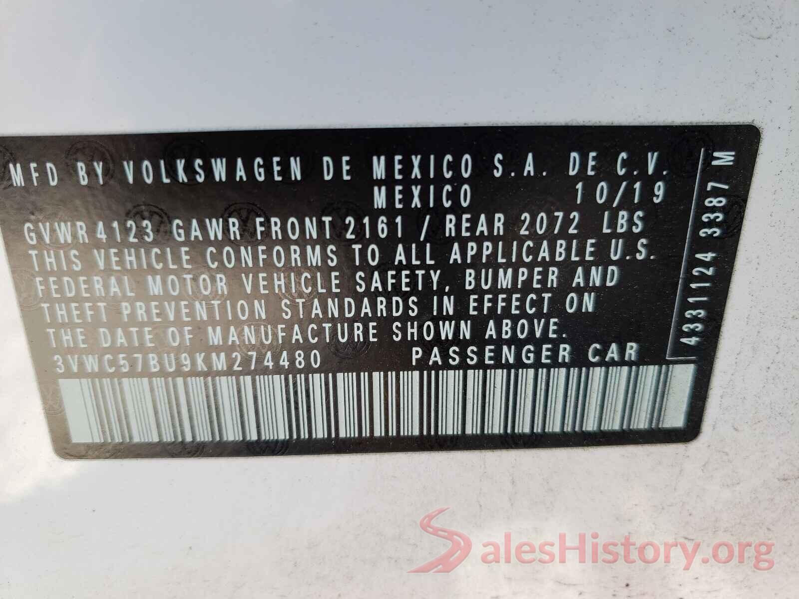 3VWC57BU9KM274480 2019 VOLKSWAGEN JETTA