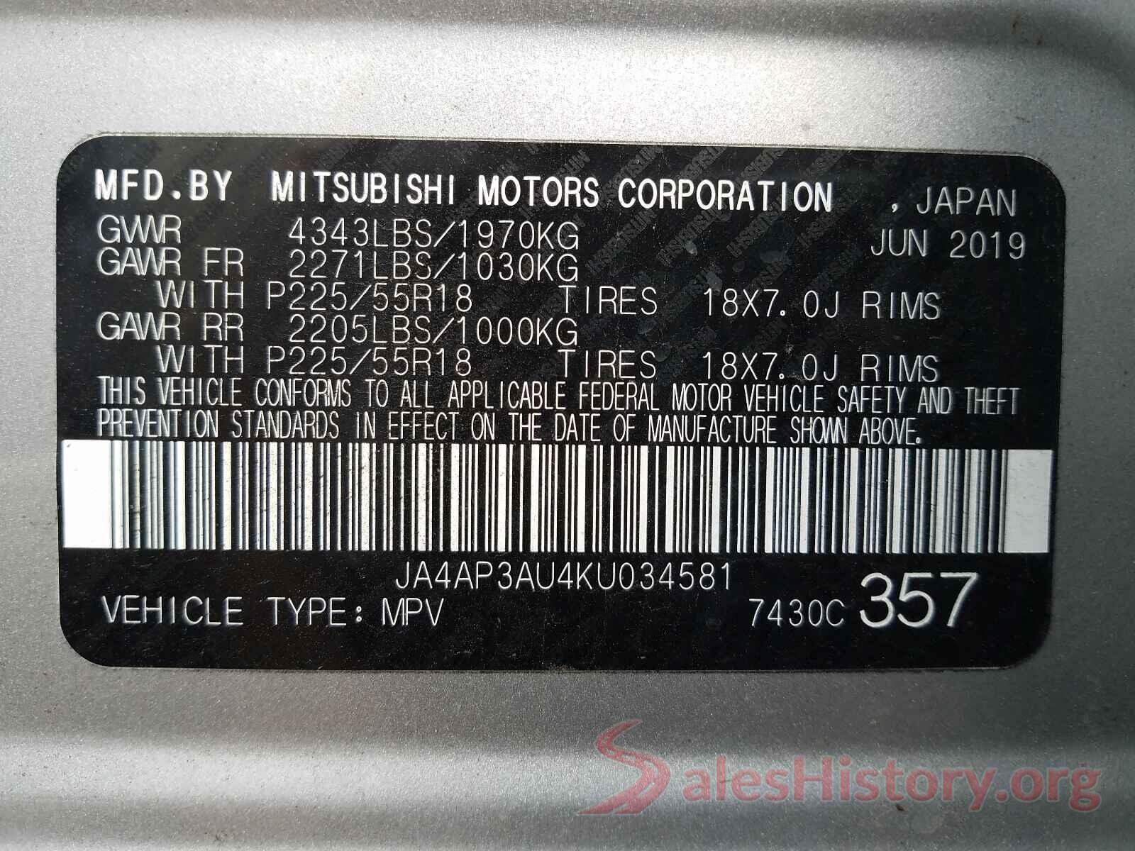 JA4AP3AU4KU034581 2019 MITSUBISHI OUTLANDER