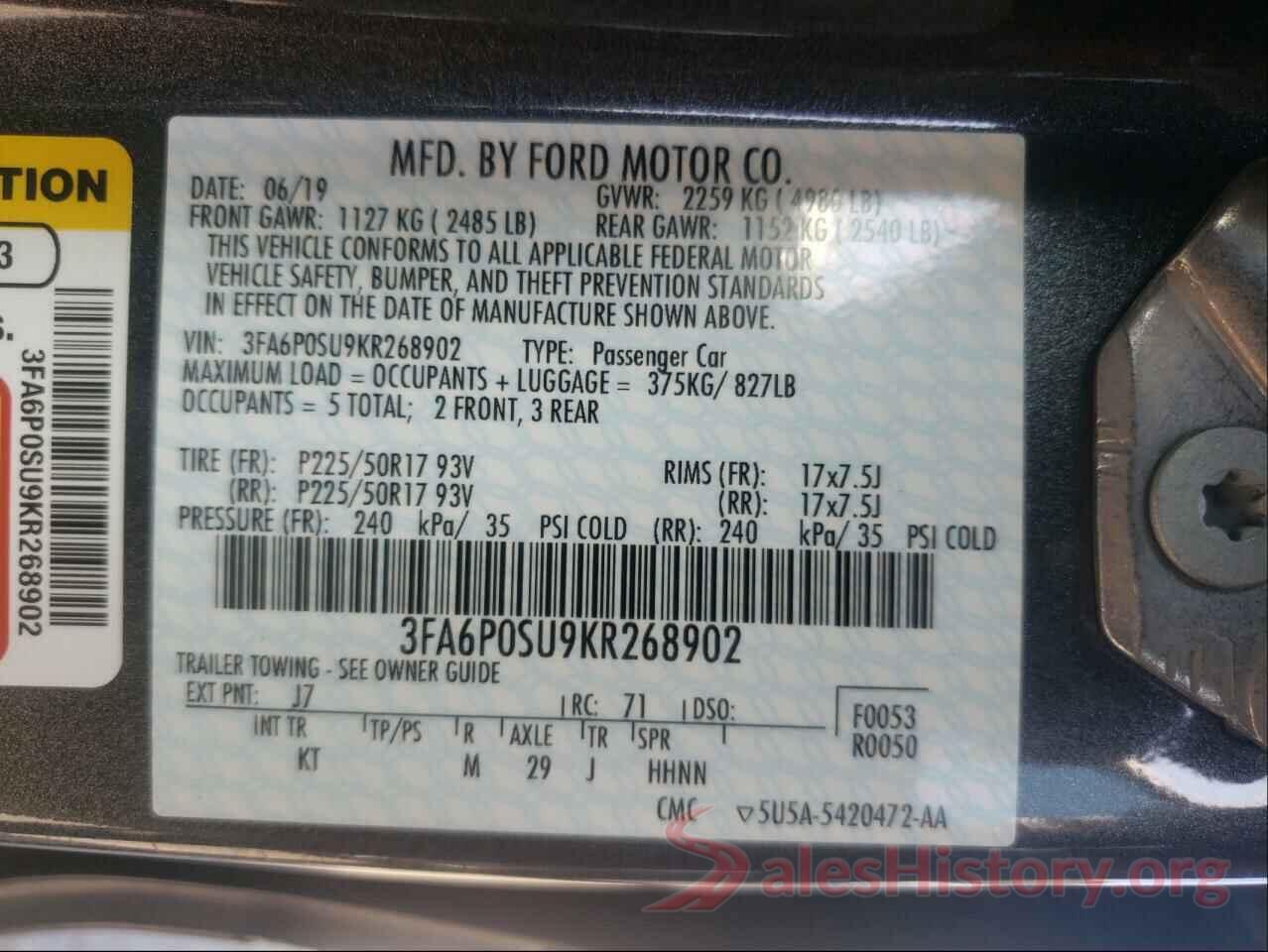 3FA6P0SU9KR268902 2019 FORD FUSION