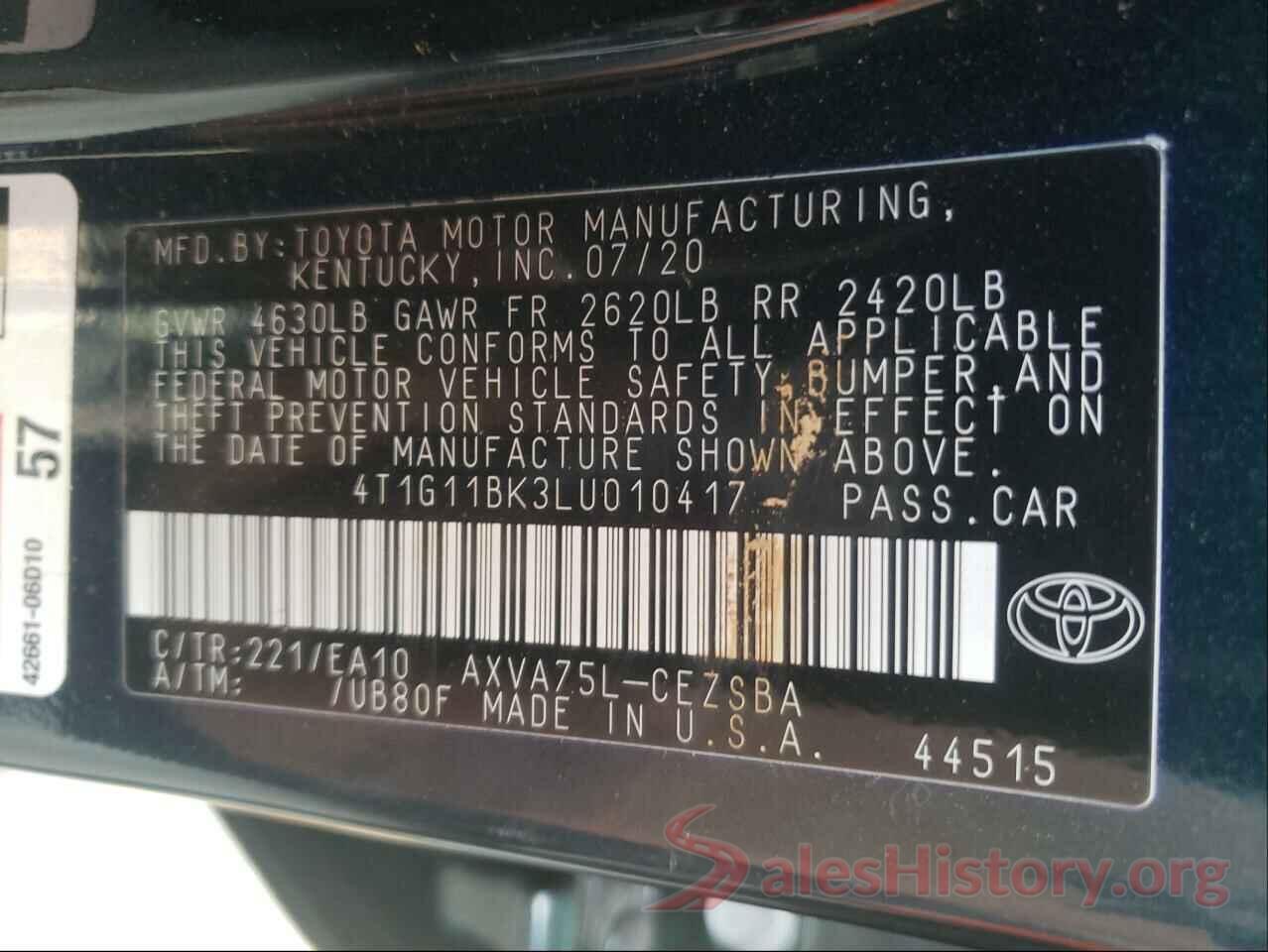 4T1G11BK3LU010417 2020 TOYOTA CAMRY