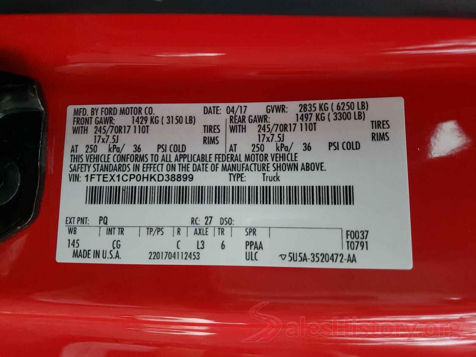 1FTEX1CP0HKD38899 2017 FORD F150