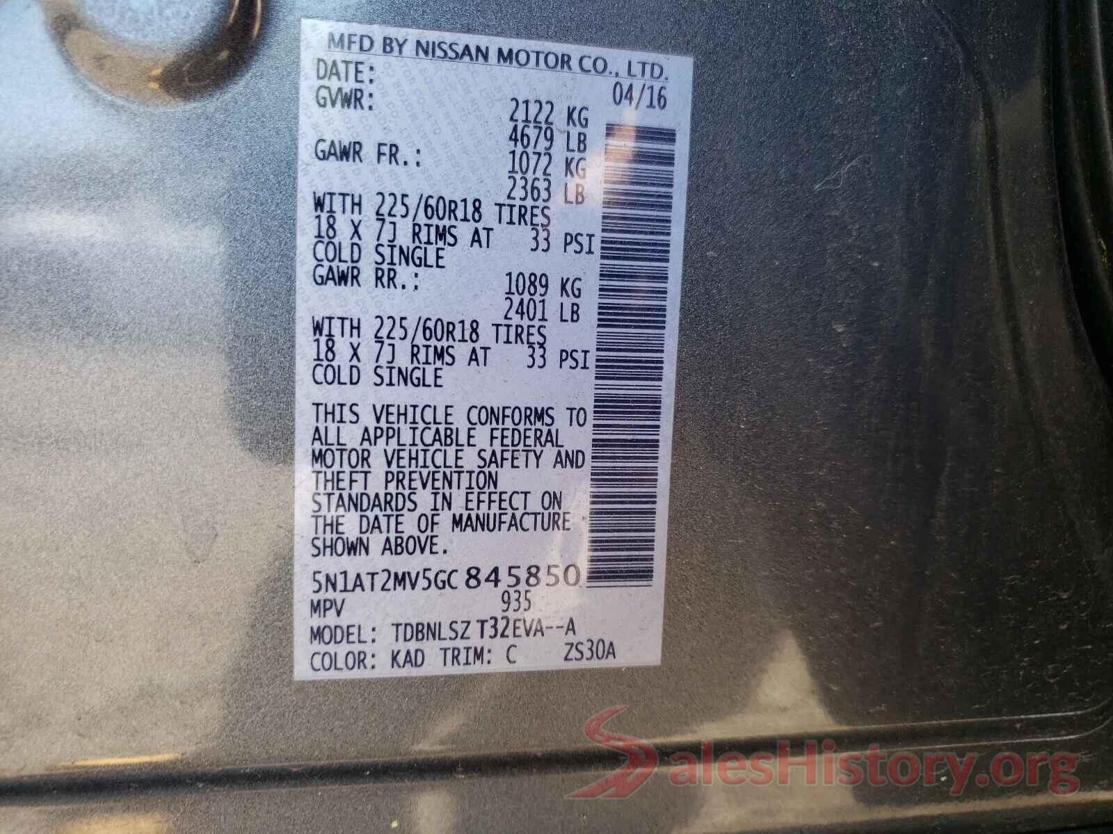 5N1AT2MV5GC845850 2016 NISSAN ROGUE