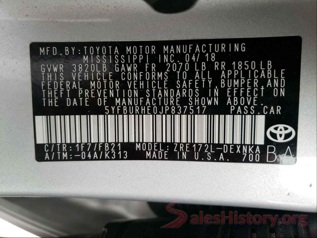 5YFBURHE0JP837517 2018 TOYOTA COROLLA