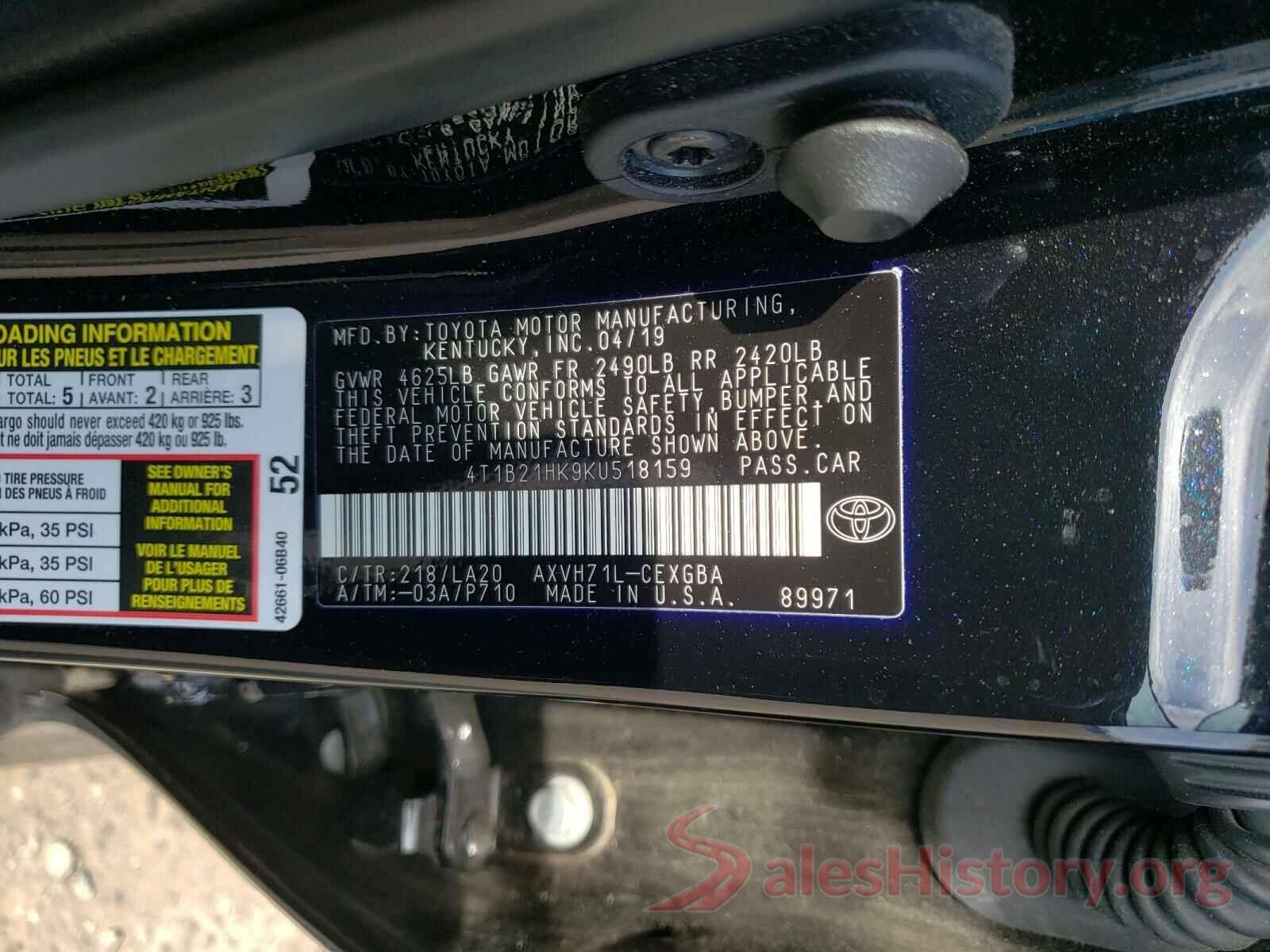 4T1B21HK9KU518159 2019 TOYOTA CAMRY