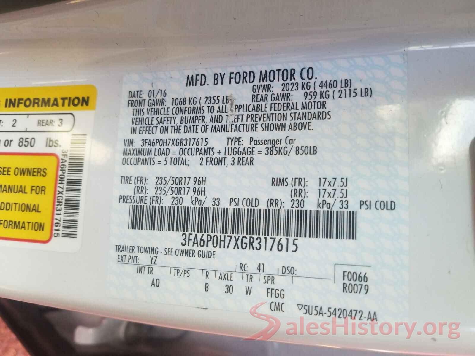 3FA6P0H7XGR317615 2016 FORD FUSION