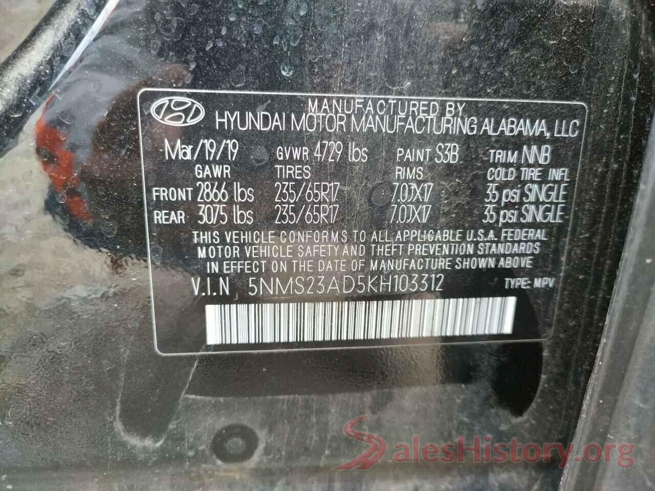 5NMS23AD5KH103312 2019 HYUNDAI SANTA FE