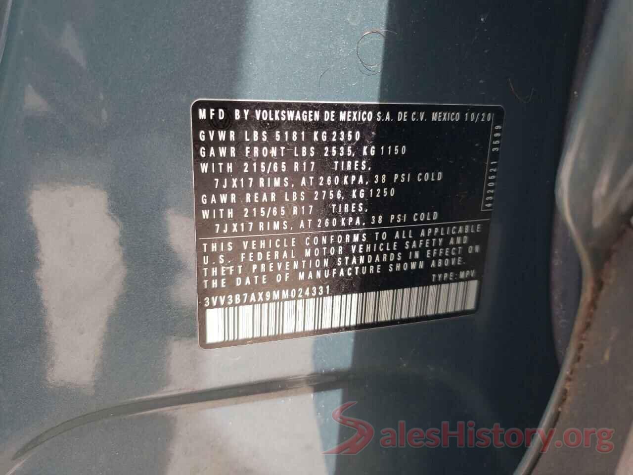 3VV3B7AX9MM024331 2021 VOLKSWAGEN TIGUAN