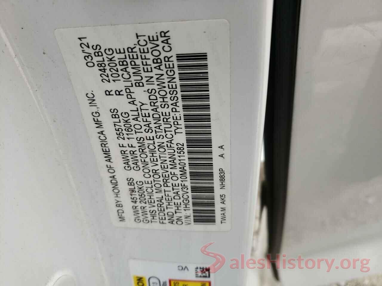 1HGCV3F10MA011582 2021 HONDA ACCORD