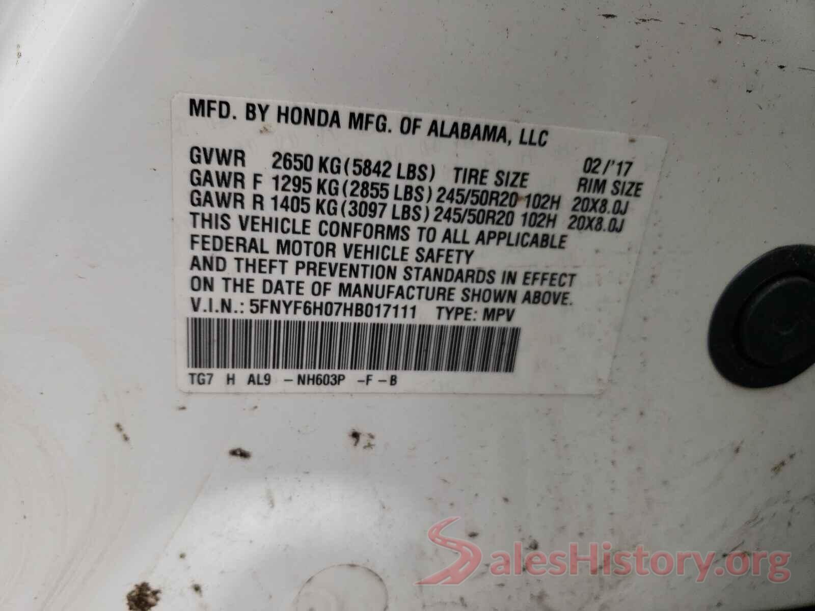 5FNYF6H07HB017111 2017 HONDA PILOT